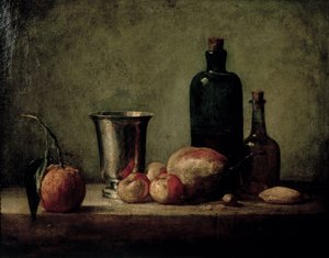 Nature morte avec gobelet en argent, fruits et bouteilles sur une table